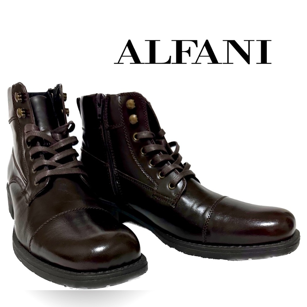 NIB Alfani Cap Toe Utility Men’s Ankle Boots Side Zip/Lace Up Brown Size 11M